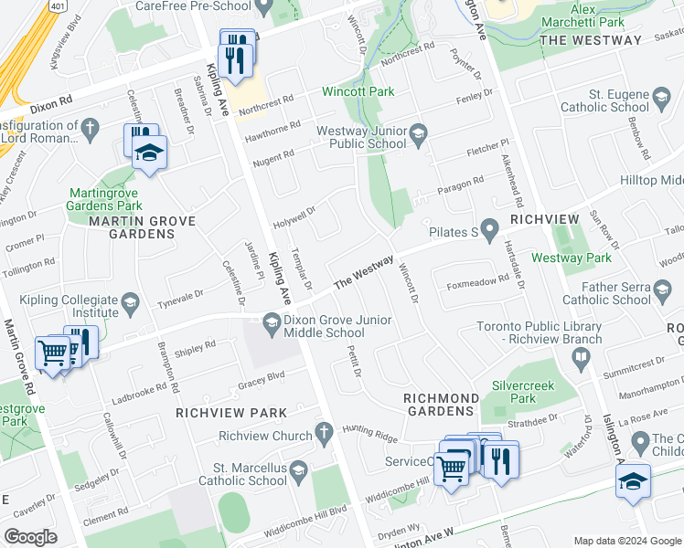 map of restaurants, bars, coffee shops, grocery stores, and more near 272 The Westway in Toronto