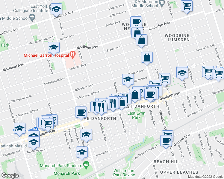 map of restaurants, bars, coffee shops, grocery stores, and more near 519 Glebeholme Boulevard in Toronto