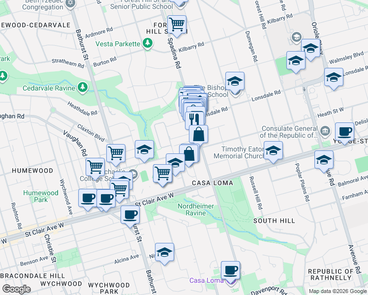 map of restaurants, bars, coffee shops, grocery stores, and more near 240 Heath Street West in Toronto