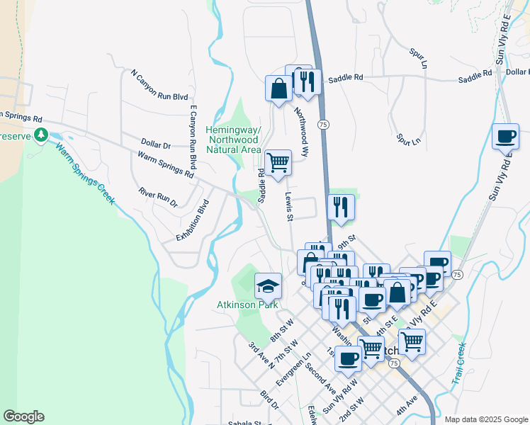 map of restaurants, bars, coffee shops, grocery stores, and more near 101 Wood River Trails in Ketchum