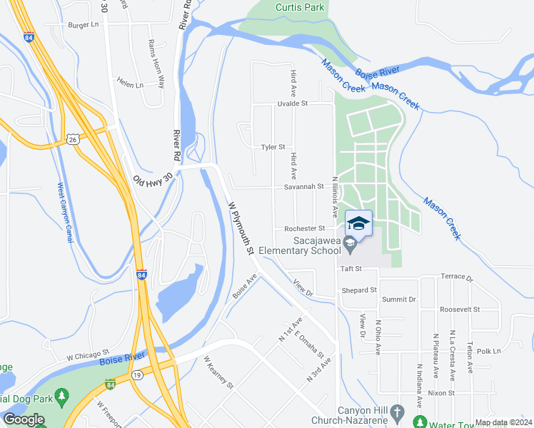 map of restaurants, bars, coffee shops, grocery stores, and more near 2016 Rice Avenue in Caldwell