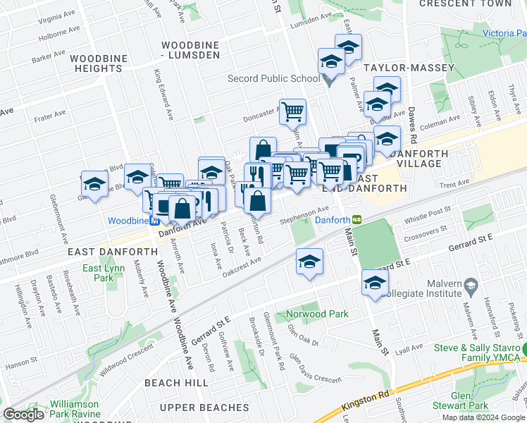 map of restaurants, bars, coffee shops, grocery stores, and more near 2320 Danforth Avenue in Toronto
