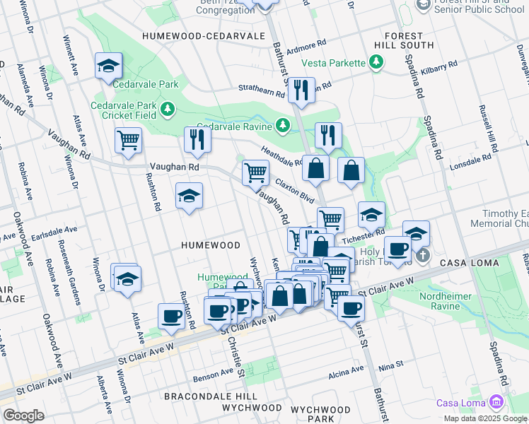 map of restaurants, bars, coffee shops, grocery stores, and more near in Toronto