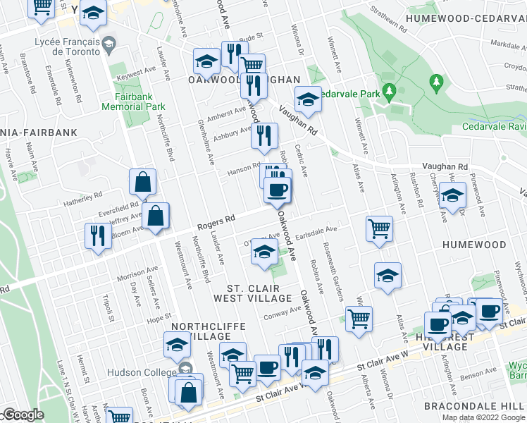 map of restaurants, bars, coffee shops, grocery stores, and more near in Toronto