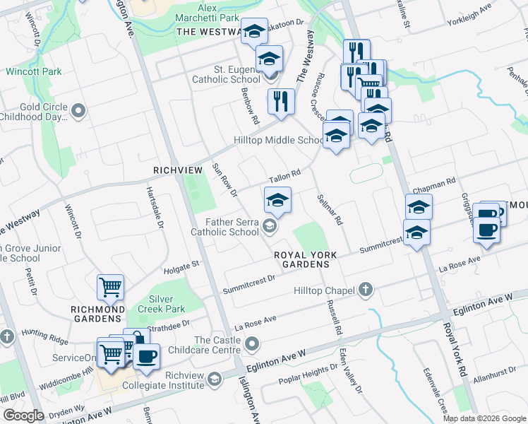 map of restaurants, bars, coffee shops, grocery stores, and more near in Toronto
