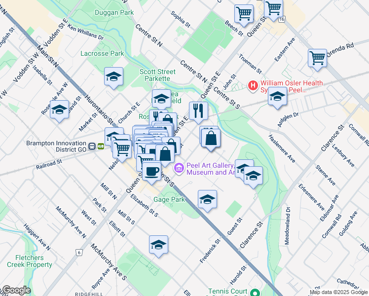 map of restaurants, bars, coffee shops, grocery stores, and more near in Brampton