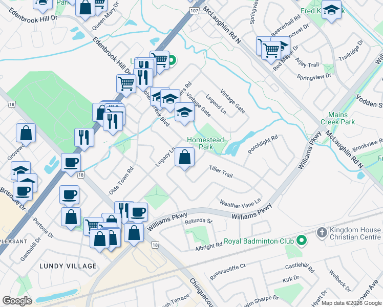 map of restaurants, bars, coffee shops, grocery stores, and more near 104 Fletchers Creek Boulevard in Brampton