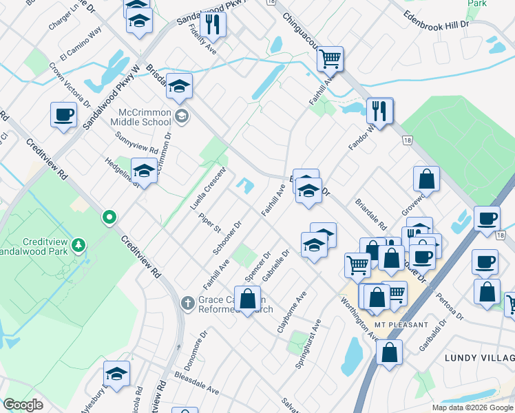 map of restaurants, bars, coffee shops, grocery stores, and more near 10 Schooner Drive in Brampton
