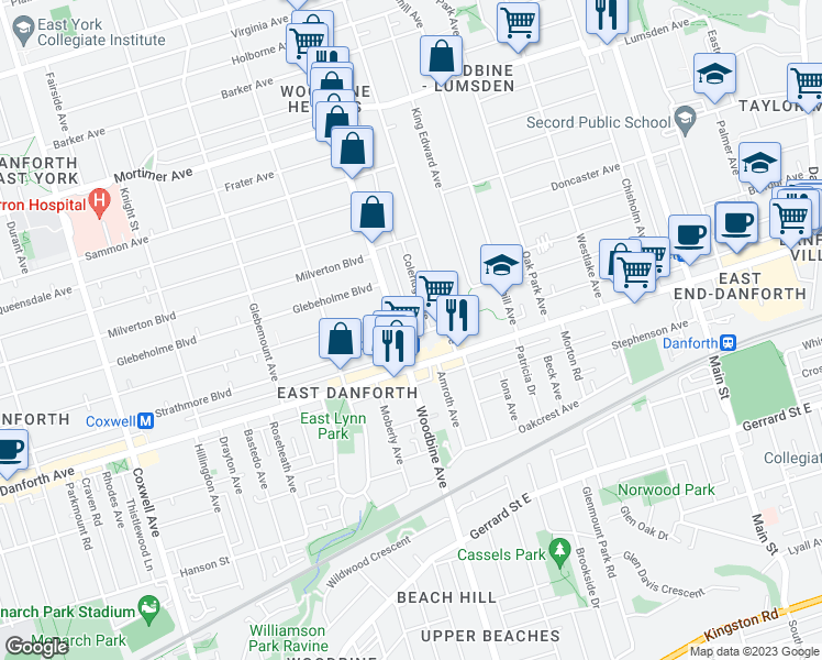 map of restaurants, bars, coffee shops, grocery stores, and more near 668 Strathmore Boulevard in Toronto