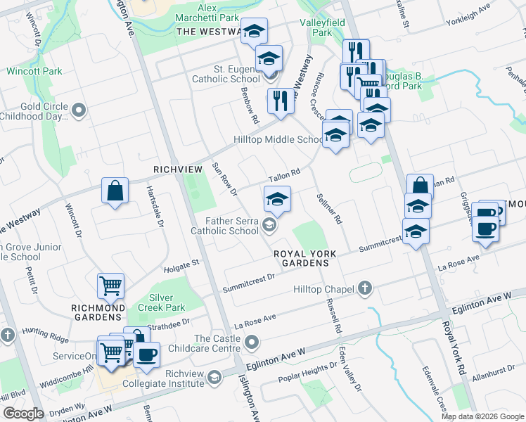 map of restaurants, bars, coffee shops, grocery stores, and more near 16 Woodpark Road in Toronto