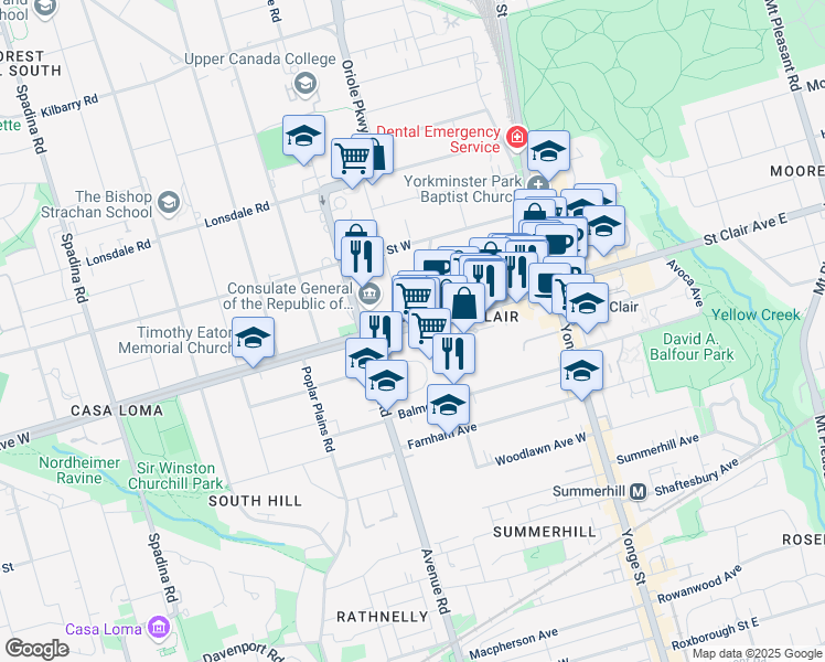 map of restaurants, bars, coffee shops, grocery stores, and more near 111 St Clair Ave W in Toronto