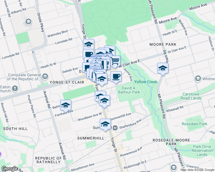 map of restaurants, bars, coffee shops, grocery stores, and more near 40 Rosehill Avenue in Toronto