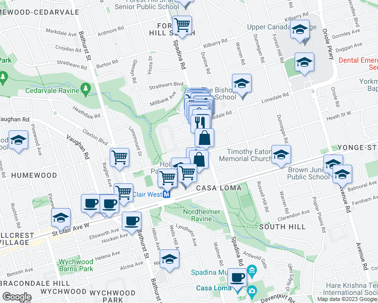 map of restaurants, bars, coffee shops, grocery stores, and more near in Toronto
