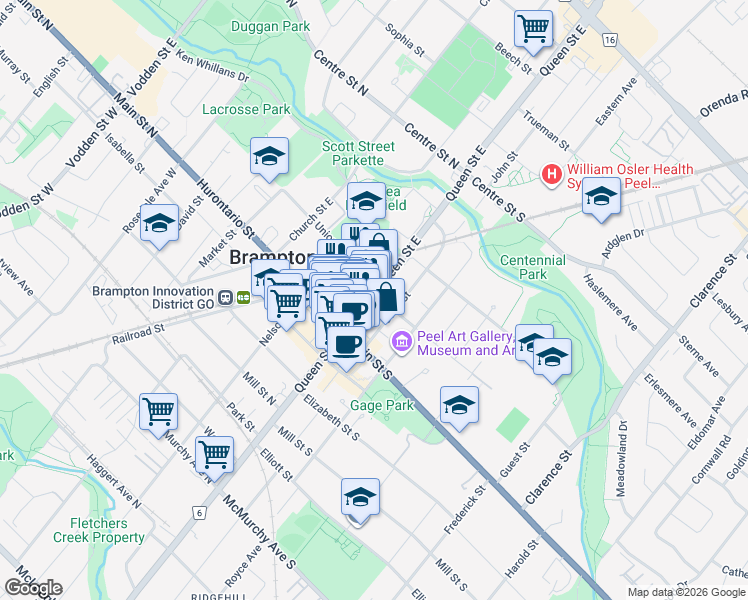 map of restaurants, bars, coffee shops, grocery stores, and more near 51 Queen Street East in Brampton