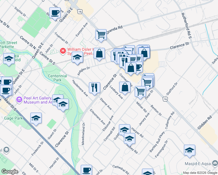 map of restaurants, bars, coffee shops, grocery stores, and more near 28 Lesbury Avenue in Brampton