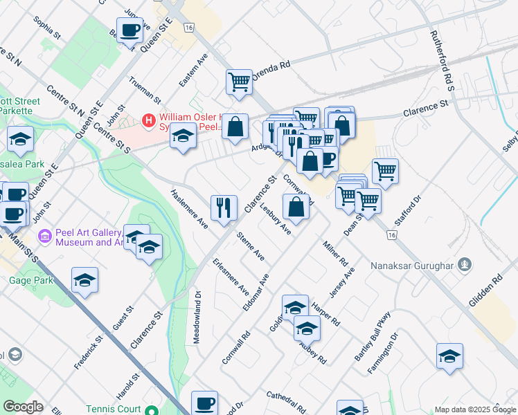 map of restaurants, bars, coffee shops, grocery stores, and more near 28 Lesbury Avenue in Brampton