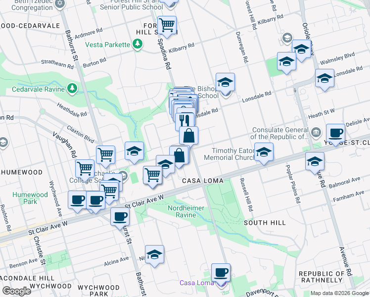 map of restaurants, bars, coffee shops, grocery stores, and more near 218 Heath Street West in Toronto