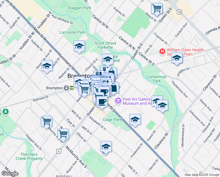 map of restaurants, bars, coffee shops, grocery stores, and more near 51 Queen Street East in Brampton