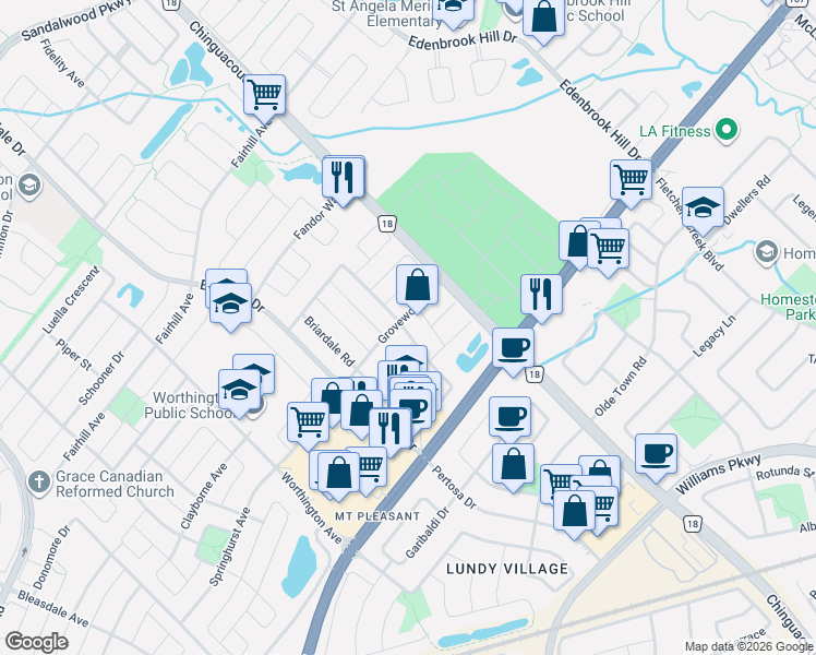 map of restaurants, bars, coffee shops, grocery stores, and more near 5 Farthingale Crescent in Brampton