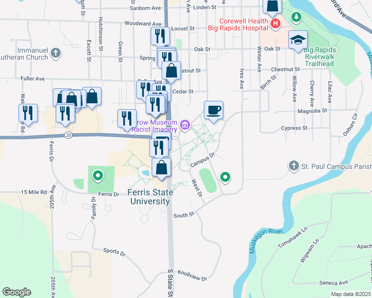 map of restaurants, bars, coffee shops, grocery stores, and more near 1009 South State Street in Big Rapids