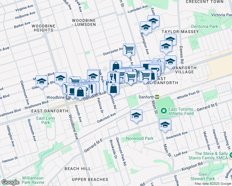 map of restaurants, bars, coffee shops, grocery stores, and more near 2320 Danforth Avenue in Toronto