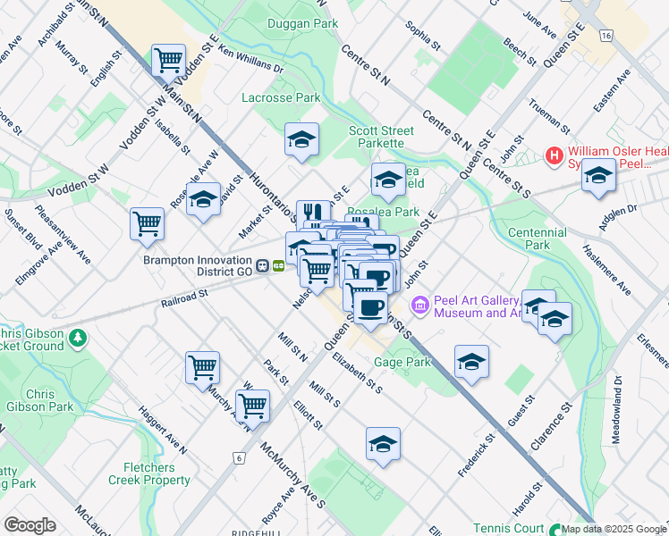 map of restaurants, bars, coffee shops, grocery stores, and more near 82 Main Street North in Brampton