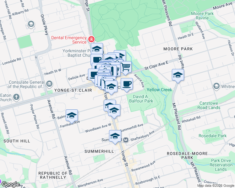map of restaurants, bars, coffee shops, grocery stores, and more near 40 Rosehill Avenue in Toronto