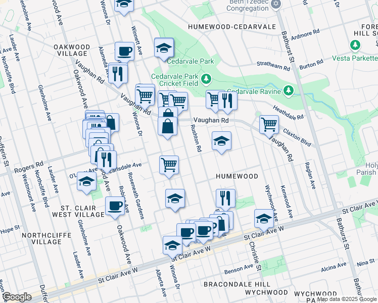map of restaurants, bars, coffee shops, grocery stores, and more near 291 Arlington Avenue in Toronto
