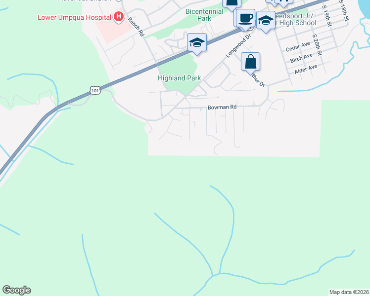 map of restaurants, bars, coffee shops, grocery stores, and more near 3144 Maple Drive in Reedsport