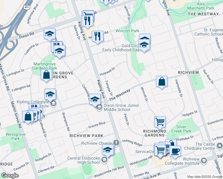 map of restaurants, bars, coffee shops, grocery stores, and more near in Toronto