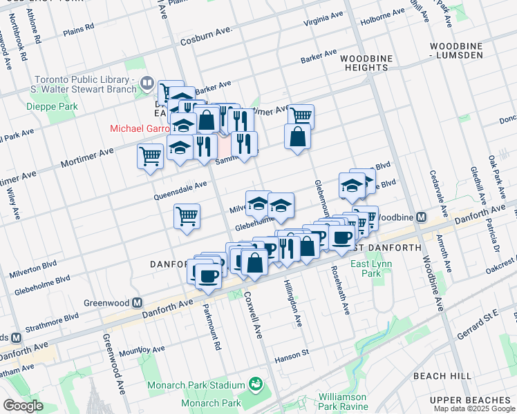 map of restaurants, bars, coffee shops, grocery stores, and more near 483 Milverton Boulevard in Toronto