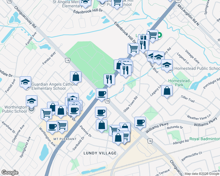 map of restaurants, bars, coffee shops, grocery stores, and more near 965 Bovaird Drive West in Brampton