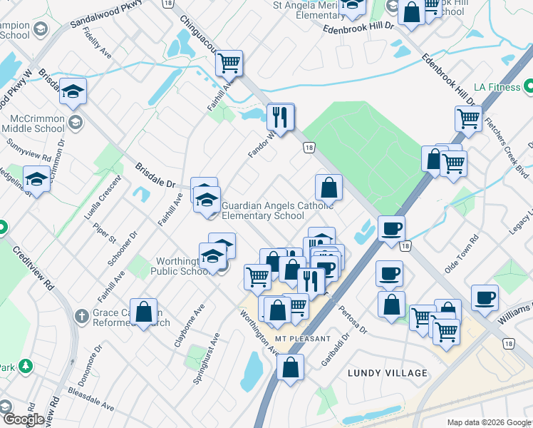map of restaurants, bars, coffee shops, grocery stores, and more near 23 Briardale Road in Brampton