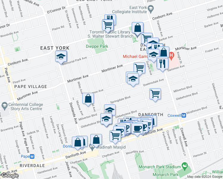 map of restaurants, bars, coffee shops, grocery stores, and more near 351 Sammon Avenue in Toronto