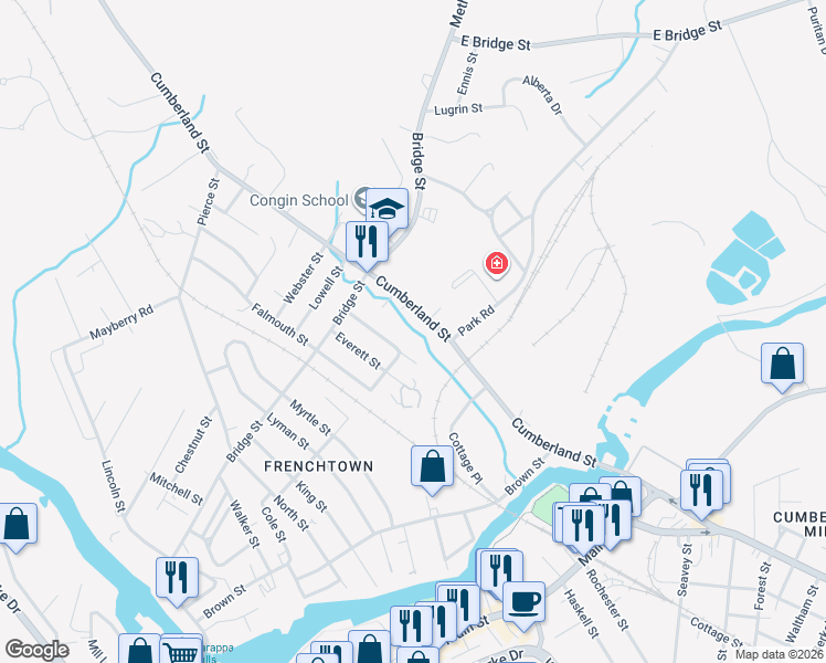 map of restaurants, bars, coffee shops, grocery stores, and more near 279 Cumberland Street in Westbrook