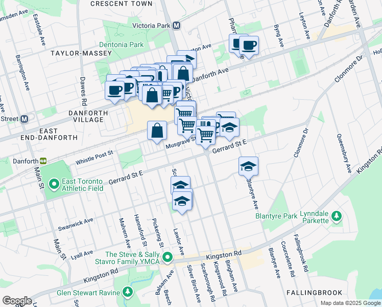 map of restaurants, bars, coffee shops, grocery stores, and more near 27 Musgrave Street in Toronto