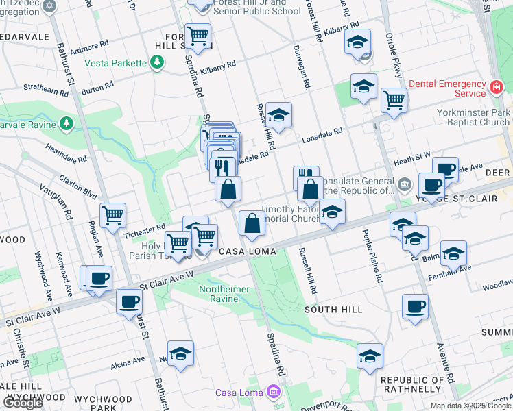 map of restaurants, bars, coffee shops, grocery stores, and more near in Toronto