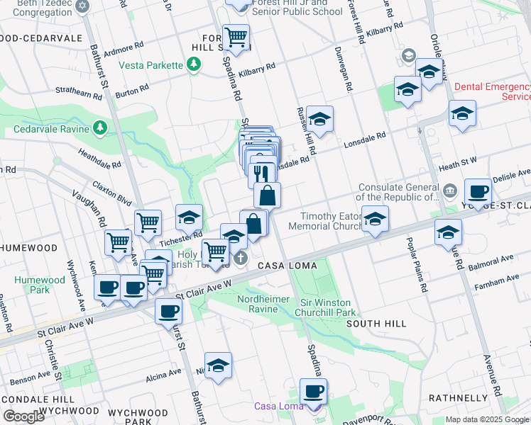 map of restaurants, bars, coffee shops, grocery stores, and more near in Toronto