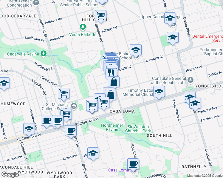 map of restaurants, bars, coffee shops, grocery stores, and more near in Toronto