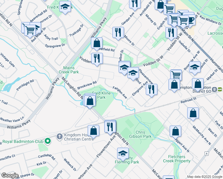 map of restaurants, bars, coffee shops, grocery stores, and more near 110 Fairglen Avenue in Brampton