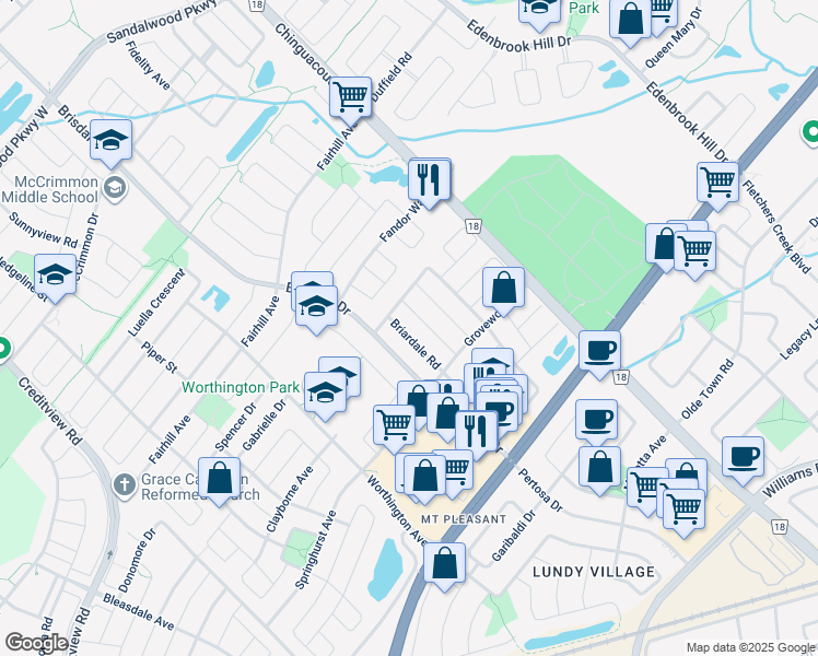 map of restaurants, bars, coffee shops, grocery stores, and more near 23 Briardale Road in Brampton