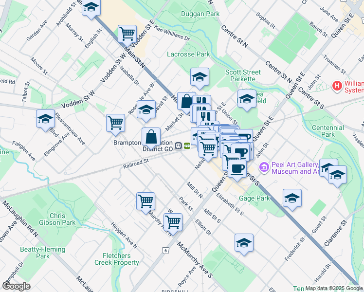 map of restaurants, bars, coffee shops, grocery stores, and more near 27 Church Street West in Brampton