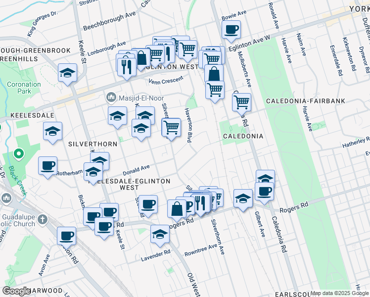 map of restaurants, bars, coffee shops, grocery stores, and more near 21 Donald Avenue in Toronto