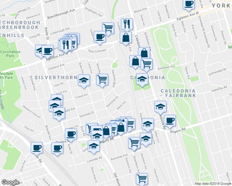 map of restaurants, bars, coffee shops, grocery stores, and more near 15 Haverson Boulevard in Toronto