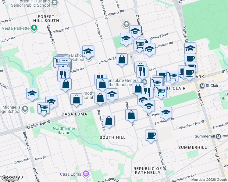 map of restaurants, bars, coffee shops, grocery stores, and more near 28 Dunvegan Road in Toronto