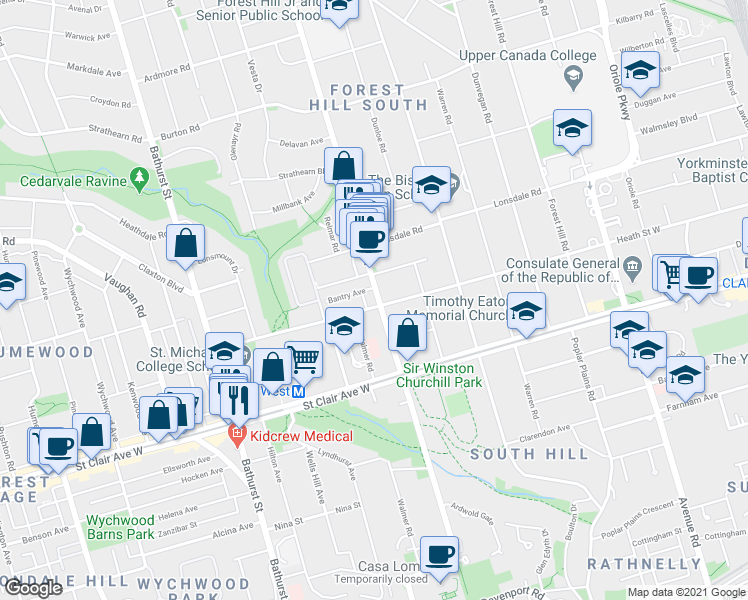 map of restaurants, bars, coffee shops, grocery stores, and more near 370 Spadina Road in Toronto