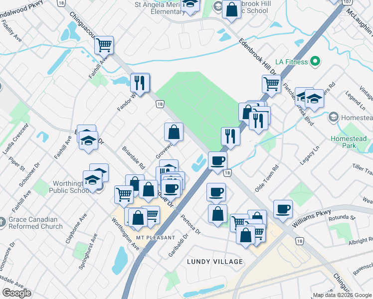 map of restaurants, bars, coffee shops, grocery stores, and more near 3 Silverbell Court in Brampton