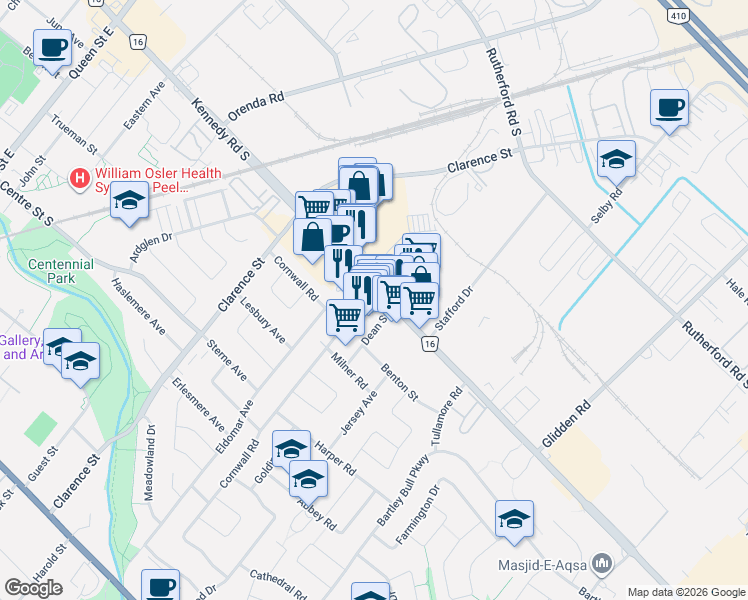 map of restaurants, bars, coffee shops, grocery stores, and more near 105 Kennedy Road South in Brampton