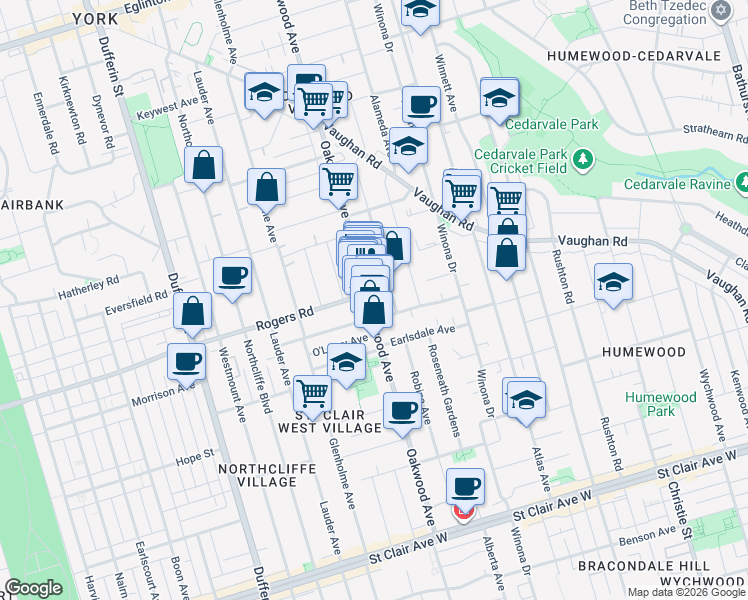 map of restaurants, bars, coffee shops, grocery stores, and more near 353 Oakwood Avenue in Toronto