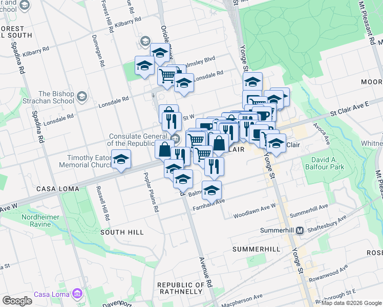 map of restaurants, bars, coffee shops, grocery stores, and more near St Clair Ave W & Oriole Rd in Toronto